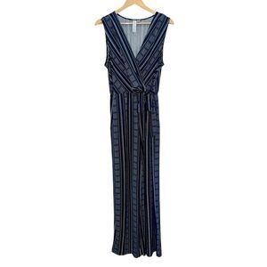 NEW EMMA & MICHELE Jersey Waist Tie V-neck Jumpsuit Blue & White